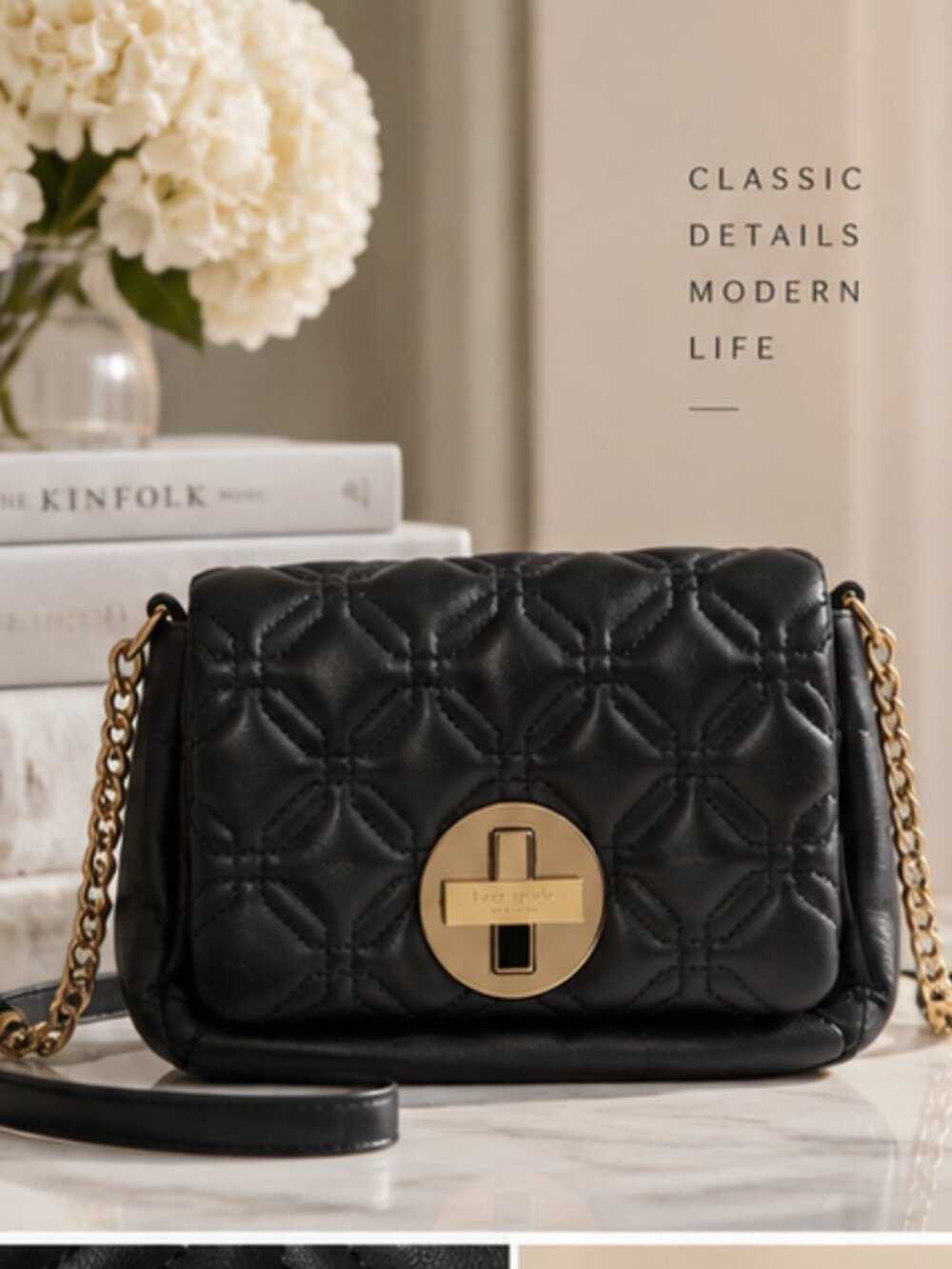 Kate Spade Black Quilted Leather Turnlock Crossbody Bag Chain Strap Flap